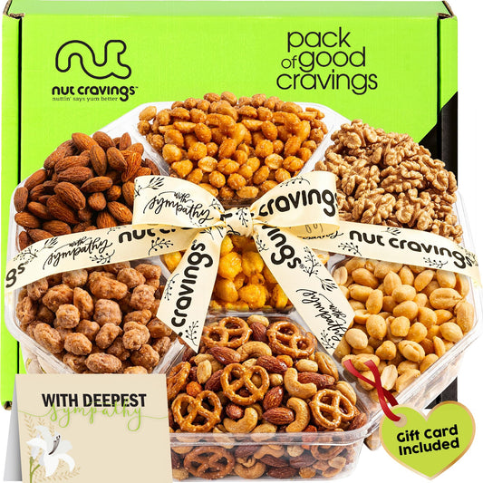 Condolence, Mixed Nuts Gift Basket with Ribbon + Greeting Card (7 Assortments)