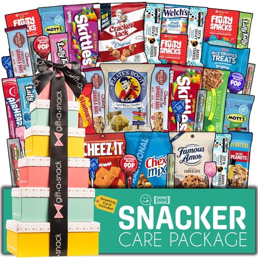 Gift A Snack - Tower Snack Box Variety Pack Care Package + Greeting Card Ramadan Gifts Birthday Sweet Treats Gift Basket, Candies Chips Crackers Office Food Assortments