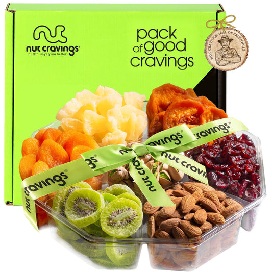 NUT CRAVINGS - Dried Fruit & Mixed Nuts Gift Basket + Green Ribbon (7 Assortments, 2 LB) Ramadan Gifts Food Arrangement, Healthy Snack Care Package,
