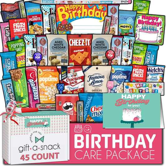 Gift A Snack - Happy Birthday Snack Box Variety Pack Care Package + Greeting Card Bday Sweet Treats Gift Basket, Candies Chips Crackers Bars - Office Food Assortments