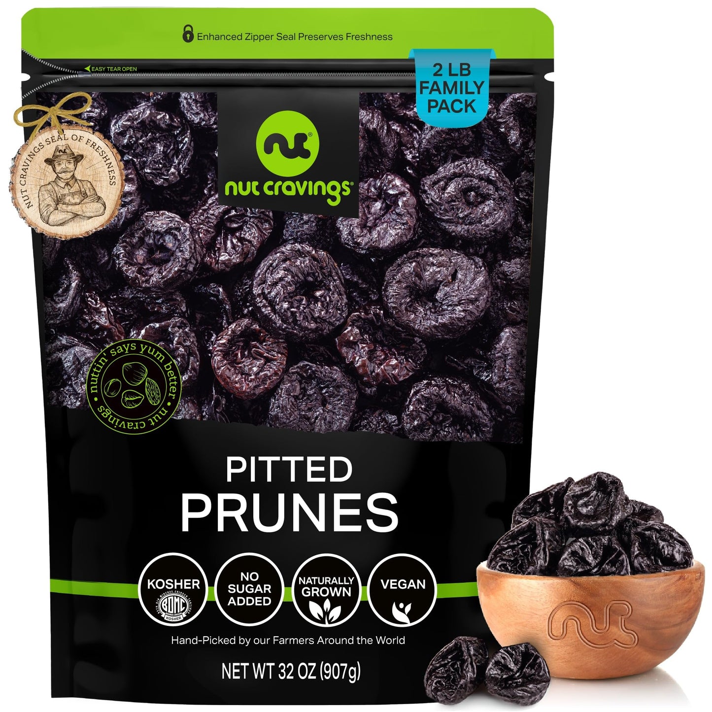 NUT CRAVINGS - Dried Prunes Pitted Unsweetened Dry Plums No Sugar Added Unsulphured Sweet Healthy Snack Vegan Kosher Resealable Bag