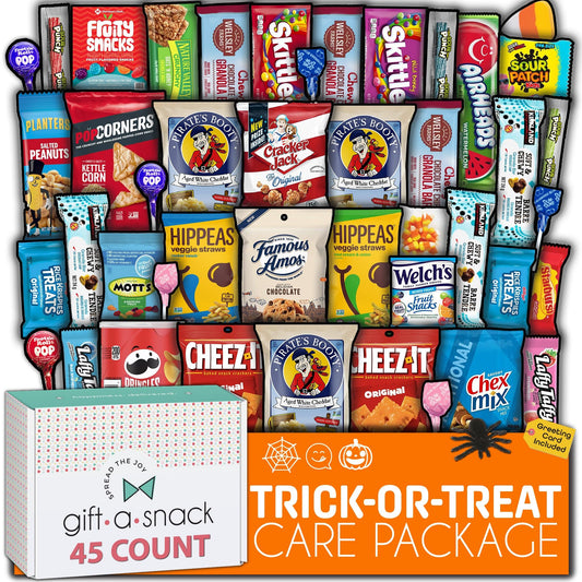 Gift A Snack - Halloween Candies Trick or Treats, Snack Box Care Package + Greeting Card Sweet Treats Gift Basket, Corn Candy Scary Spiders Stuffers Chips - Office Food Assortments