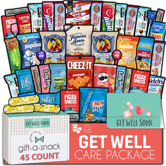 Gift A Snack - Get Well Soon Snack Box Variety Pack Care Package + Greeting Card Feel Better Sweet Treats Gift Basket, Candies Chips Crackers Bars - Office Food Assortments
