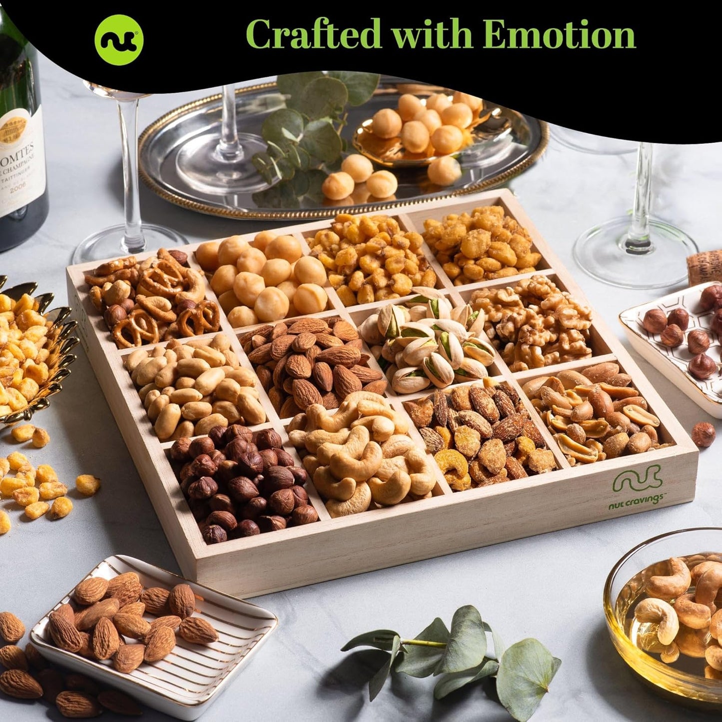 Thinking of You , Nuts Gift Basket with Thinking of you Ribbon + Greeting Card in Reusable Wooden Tray (12 Assortments)