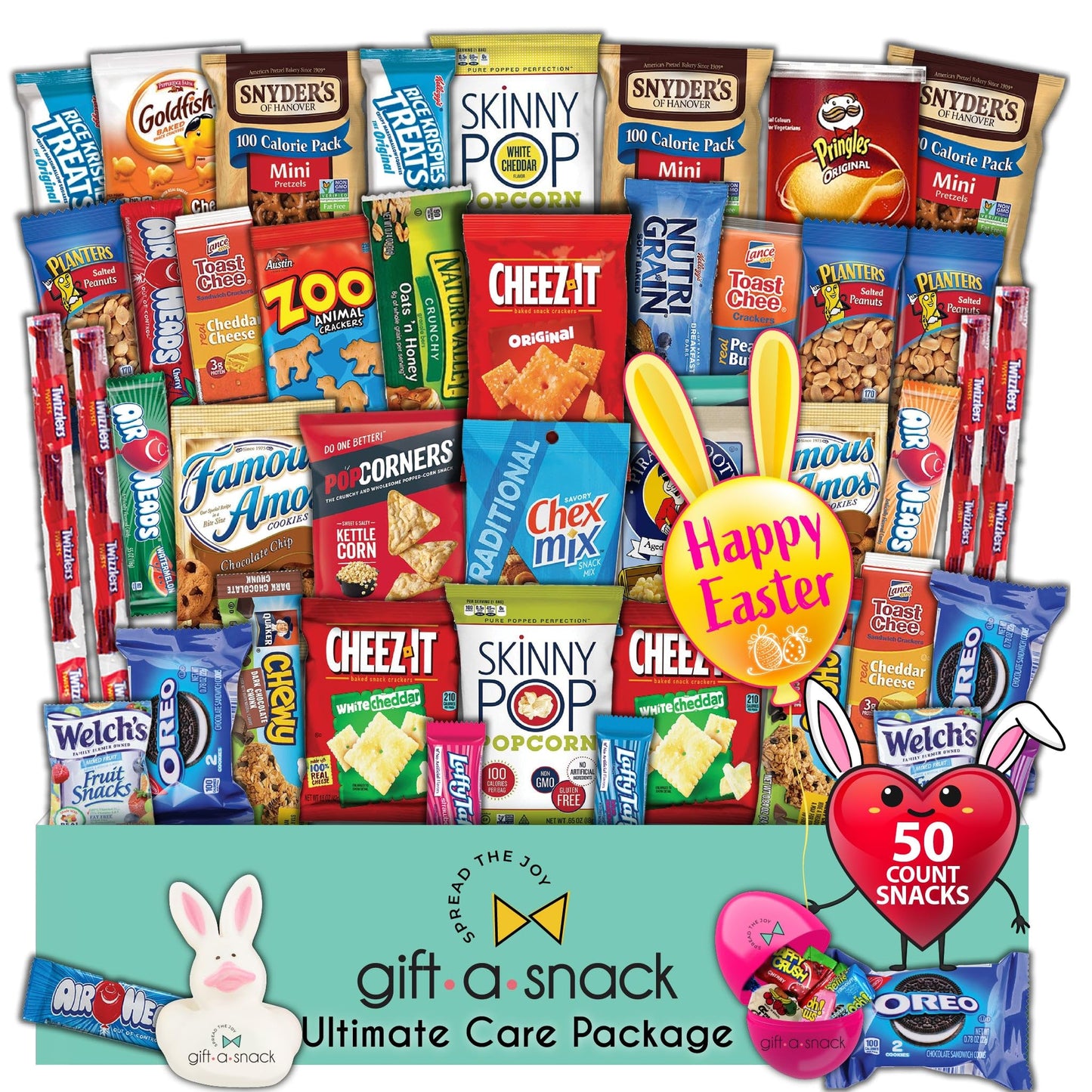 Gift A Snack - Easter Filled Egg & Bunny - Snack Box Variety Pack Care Package + Greeting Card Sweet Treats Gift Basket, Candies Chips Crackers Bars - Office Food Assortments