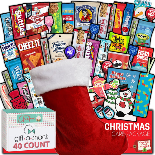 Gift A Snack - Christmas Stocking Stuffed, Pre-filled Holiday Snack Box Care Package + Greeting Card Sweet Treats Gift Basket, Candies Chips Office Food Assortments
