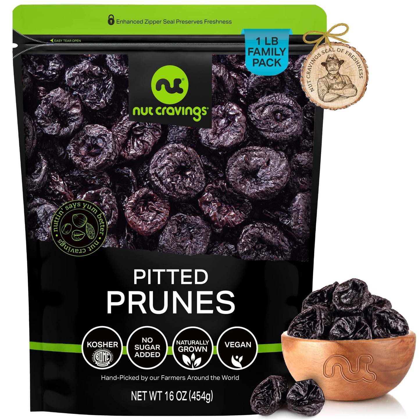 NUT CRAVINGS - Dried Prunes Pitted Unsweetened Dry Plums No Sugar Added Unsulphured Sweet Healthy Snack Vegan Kosher Resealable Bag