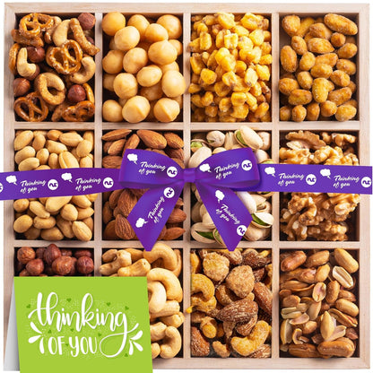 Thinking of You , Nuts Gift Basket with Thinking of you Ribbon + Greeting Card in Reusable Wooden Tray (12 Assortments)