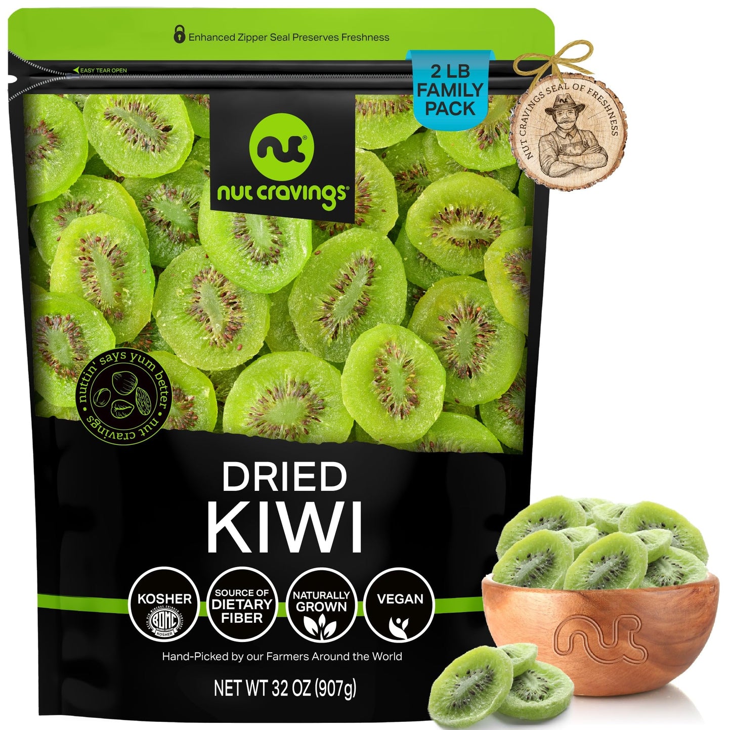 NUT CRAVINGS - Dried Kiwi Slices, Lightly Sweetened (16oz, 1 LB) Sweet Healthy Snack, Vegan, Kosher, Resealable Bag