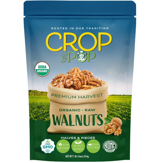 CROP BY POP - Organic Raw Walnuts Halves & Pieces Packed Fresh in Resealable Bag - USDA Organic, Non GMO - Naturally Grown, Vegan, Kosher