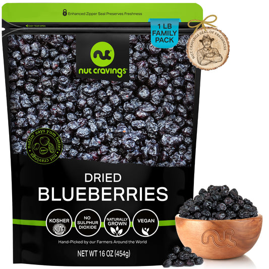 NUT CRAVINGS - Dried Blueberries, Lightly Sweetened, Unsulphured Packed Fresh in Resealable Bag - Sweet Healthy Snack, Naturally Grown, Vegan, Kosher