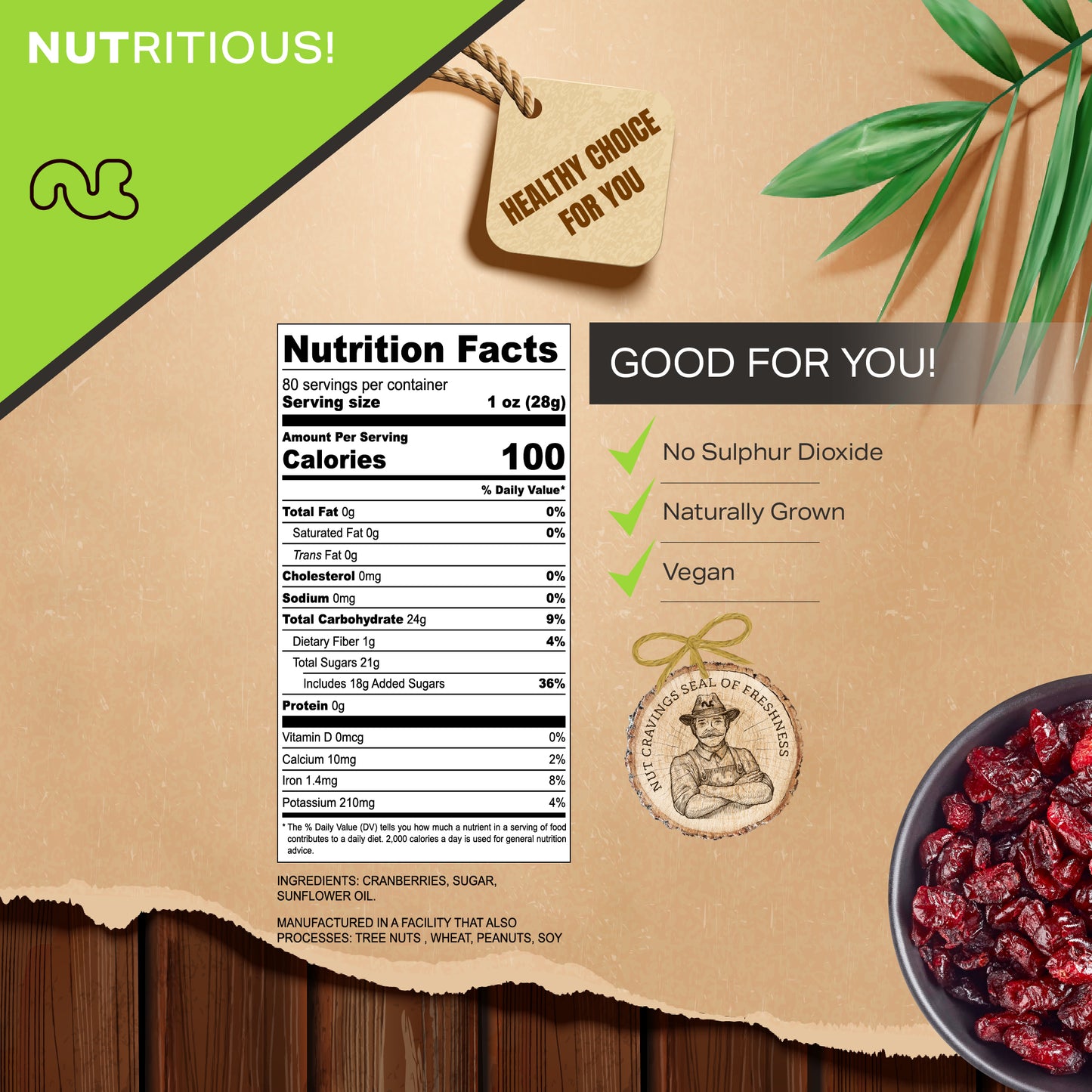 NUT CRAVINGS - Dried Whole Cranberries Lightly Sweetened Unsulphured Sweet Healthy Snack Vegan Kosher Resealable Bag