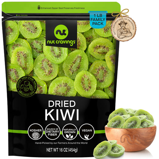 NUT CRAVINGS - Dried Kiwi Slices, Lightly Sweetened Sweet Healthy Snack, Vegan, Kosher, Resealable Bag