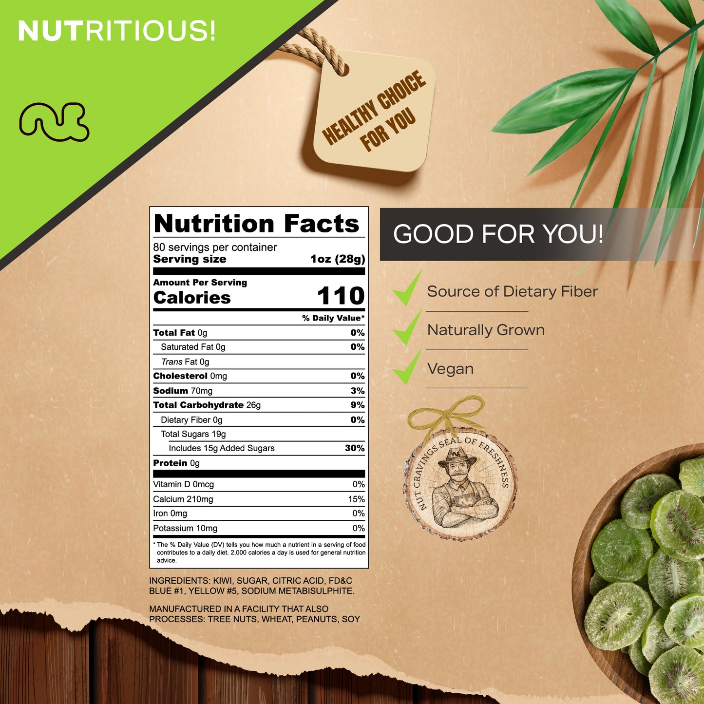 NUT CRAVINGS - Dried Kiwi Slices, Lightly Sweetened (16oz, 1 LB) Sweet Healthy Snack, Vegan, Kosher, Resealable Bag