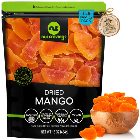NUT CRAVINGS - Dried Mango Slices, Lightly Sweetened Sweet Healthy Snack, Vegan, Kosher, Resealable Bag
