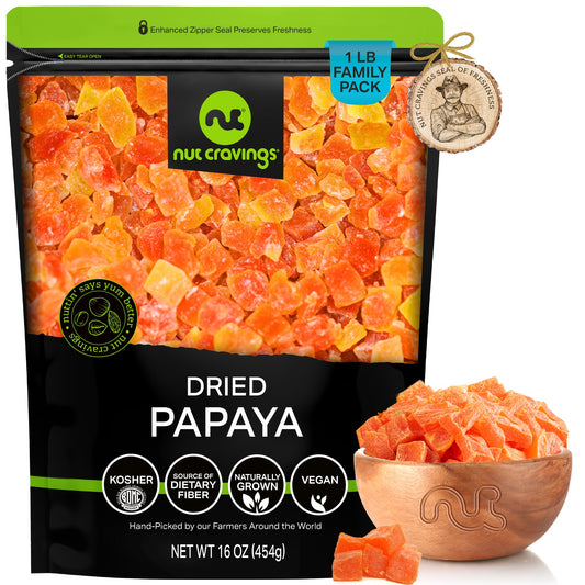 NUT CRAVINGS - Dried Papaya Chunks, Lightly Sweetened Sweet Healthy Snack, Vegan, Kosher, Resealable Bag