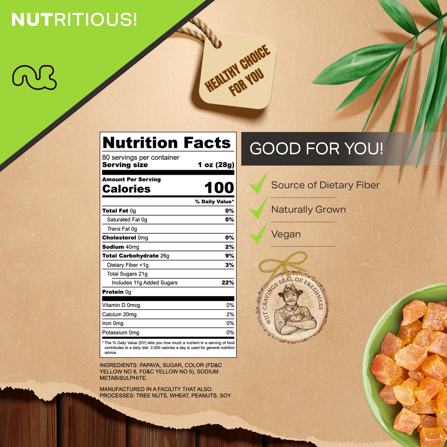 NUT CRAVINGS - Dried Papaya Chunks, Lightly Sweetened (16oz, 1 LB) Sweet Healthy Snack, Vegan, Kosher, Resealable Bag