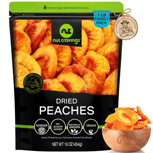 NUT CRAVINGS - Dried California Peaches, No Sugar Added, Unsweetened Sweet Healthy Snack, Vegan, Kosher, Resealable Bag