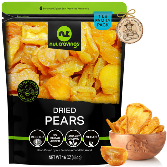 NUT CRAVINGS - Dried California Pears, No Sugar Added, Unsweetened Sweet Healthy Snack, Vegan, Kosher, Resealable Bag