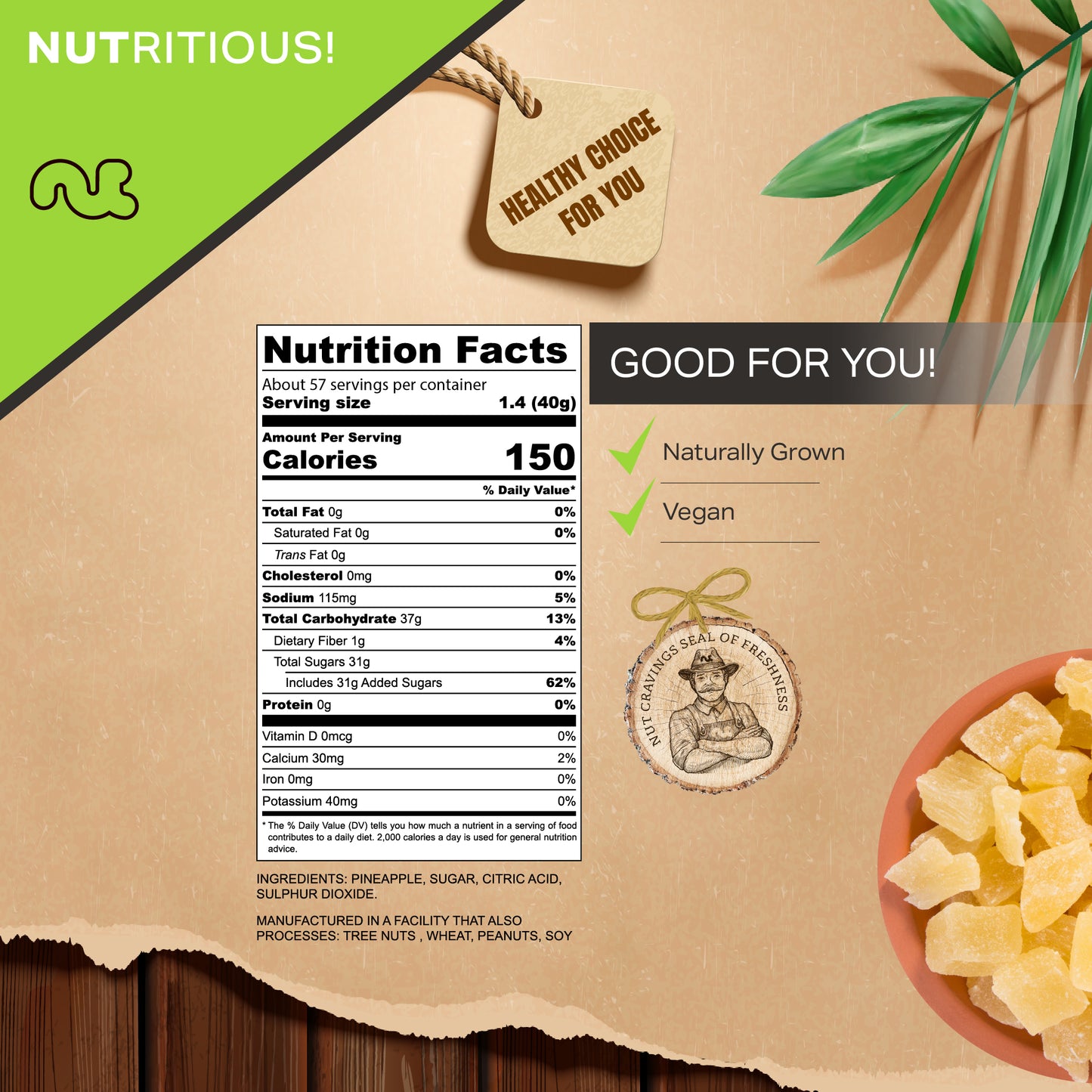 Dried Pineapple Chunks Lightly Sweetened Sweet Healthy Snack Vegan Kosher Resealable Bag — view 3