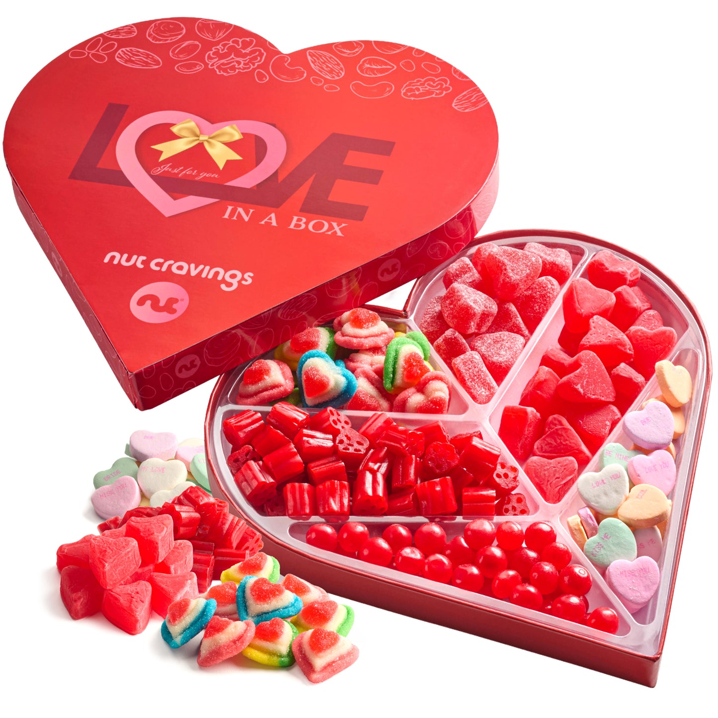 Mixed Candy Heart Shaped Gift Basket, Love in A Box (6 Assortments)