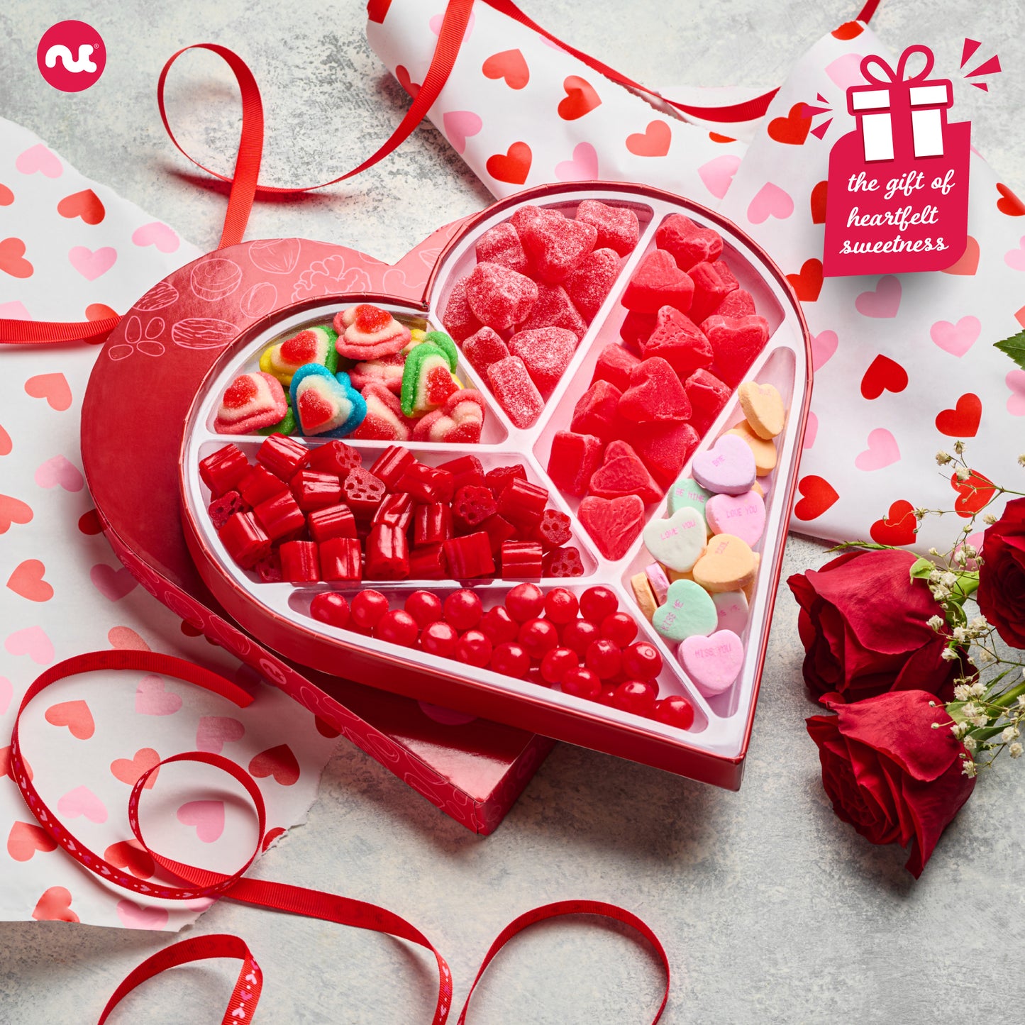 Mixed Candy Heart Shaped Gift Basket, Love in A Box (6 Assortments)