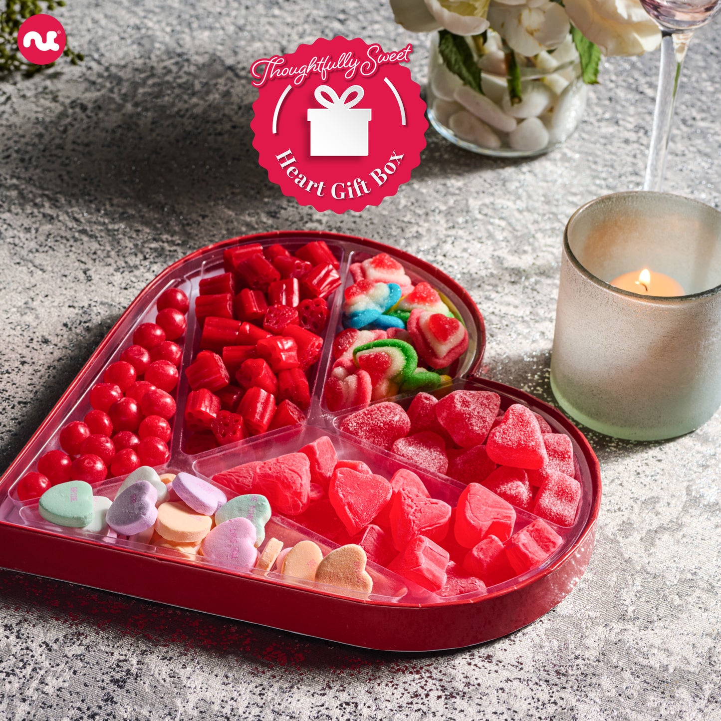 Mixed Candy Heart Shaped Gift Basket, Love in A Box (6 Assortments)