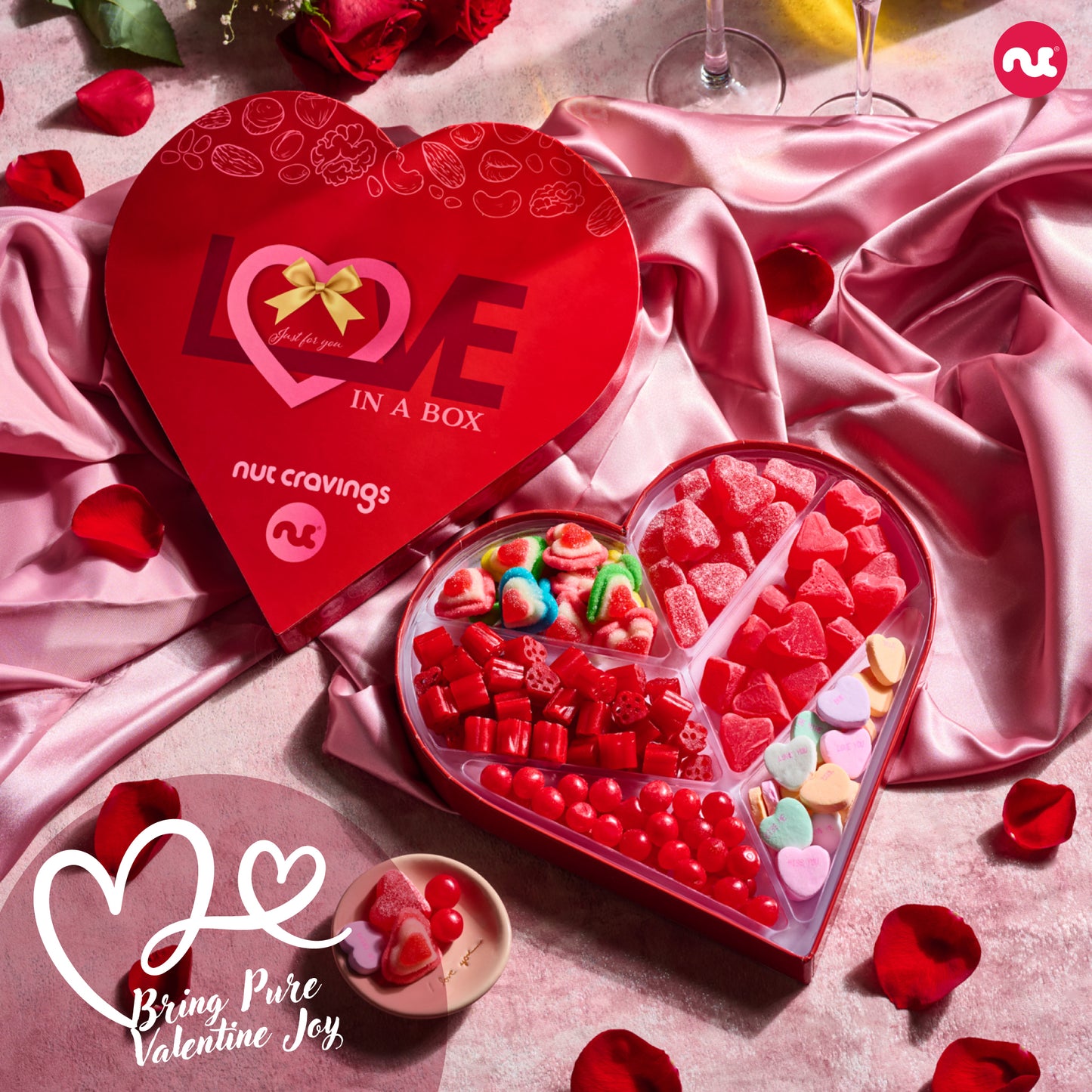 Mixed Candy Heart Shaped Gift Basket, Love in A Box (6 Assortments)