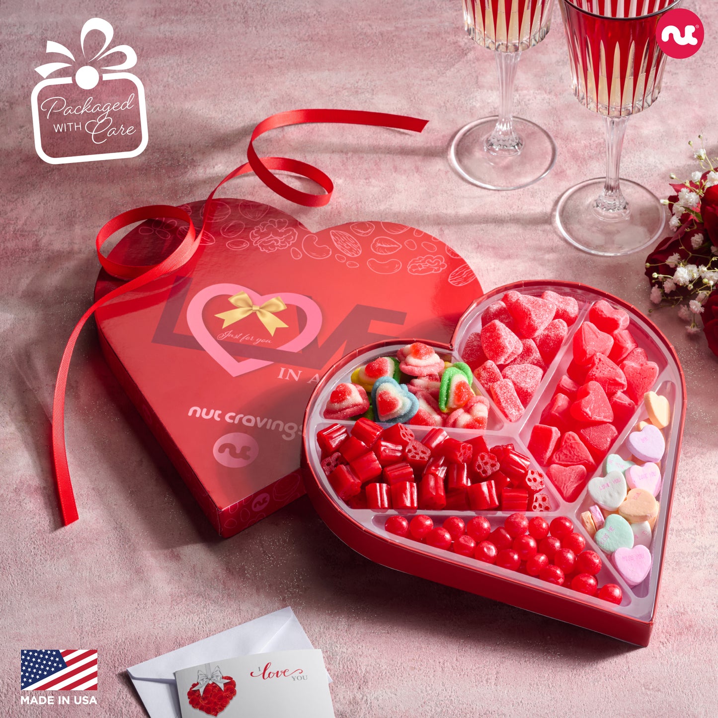 Mixed Candy Heart Shaped Gift Basket, Love in A Box (6 Assortments)