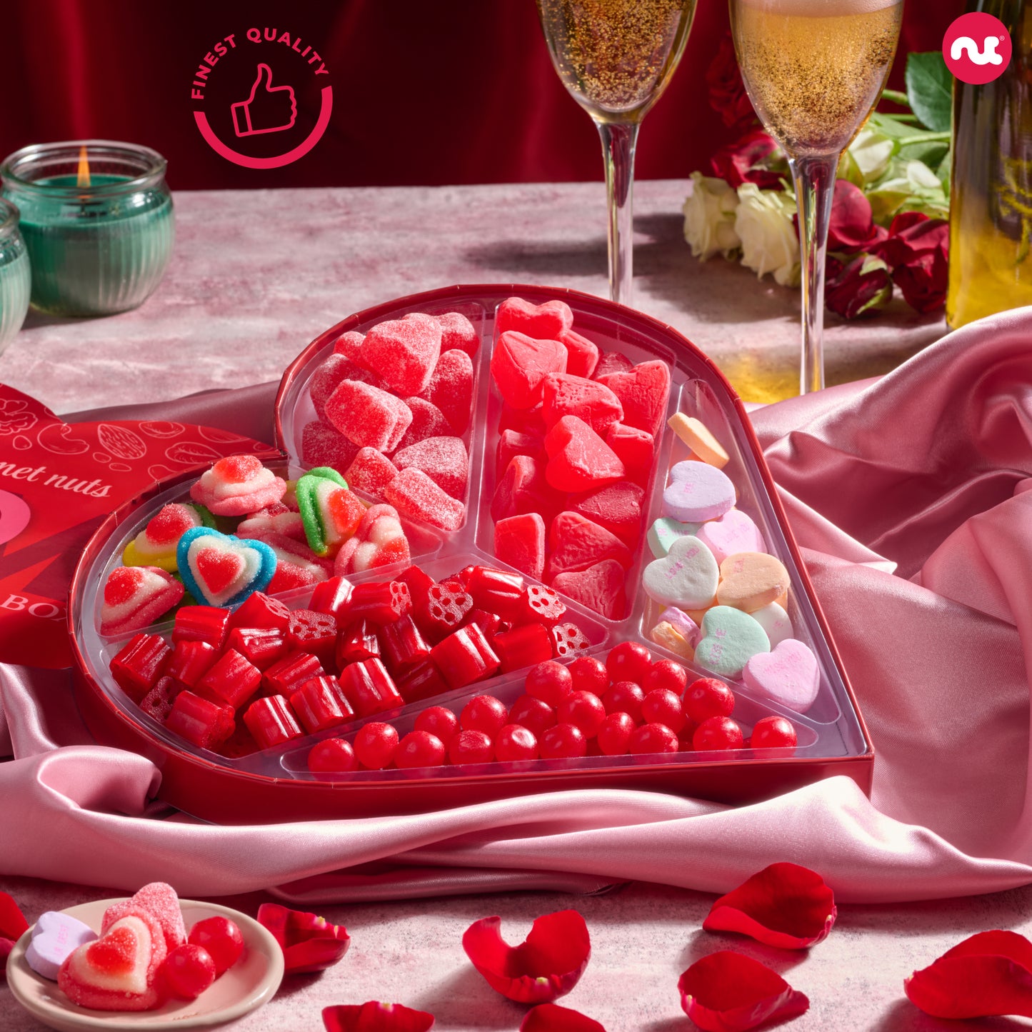 Mixed Candy Heart Shaped Gift Basket, Love in A Box (6 Assortments)