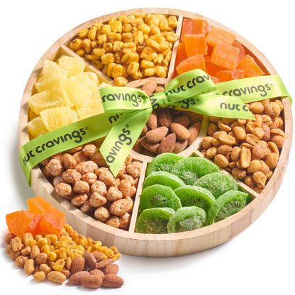 Dried Fruit & Mixed Nuts Gift Basket in Reusable Round Wooden Tray + Ribbon (7 Assortments)