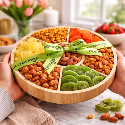Dried Fruit & Mixed Nuts Gift Basket in Reusable Round Wooden Tray + Ribbon (7 Assortments)