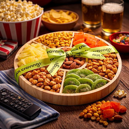 Dried Fruit & Mixed Nuts Gift Basket in Reusable Round Wooden Tray + Ribbon (7 Assortments)