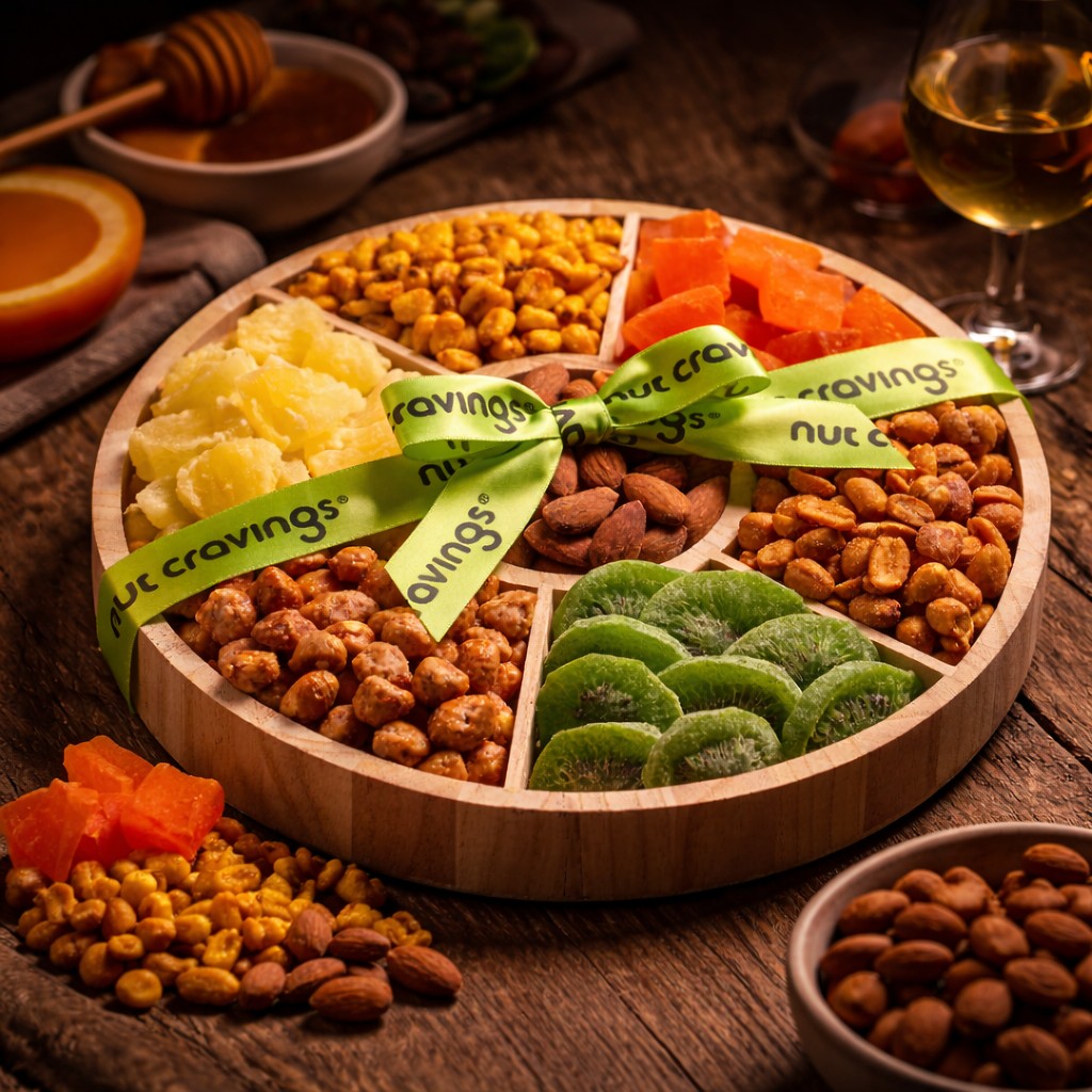 Dried Fruit & Mixed Nuts Gift Basket in Reusable Round Wooden Tray + Ribbon (7 Assortments)
