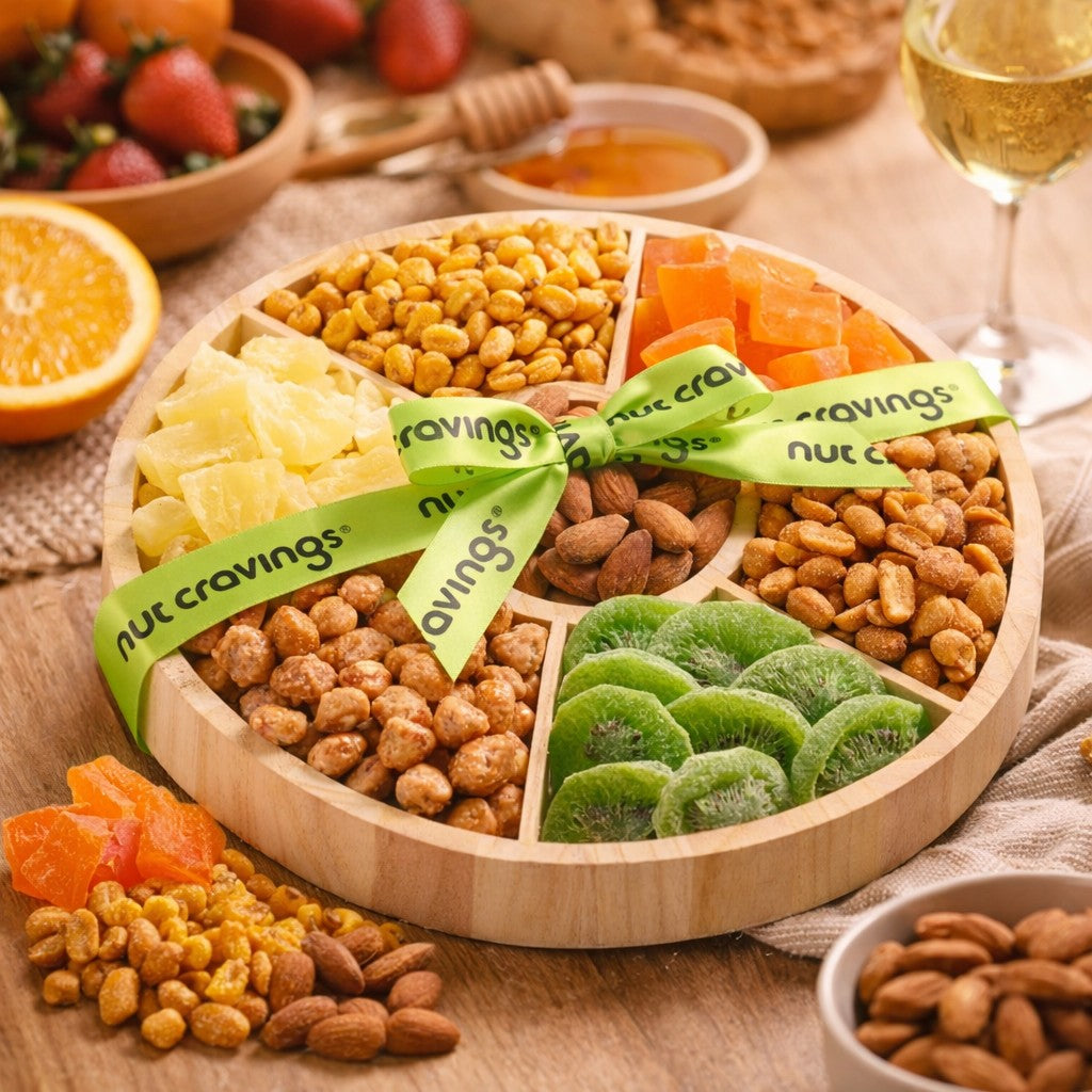 Dried Fruit & Mixed Nuts Gift Basket in Reusable Round Wooden Tray + Ribbon (7 Assortments)