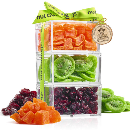 Dried Fruits Acrylic Tower Gift Basket with Ribbon (3 Tier Assortment) Healthy Snack Care Package, Kosher