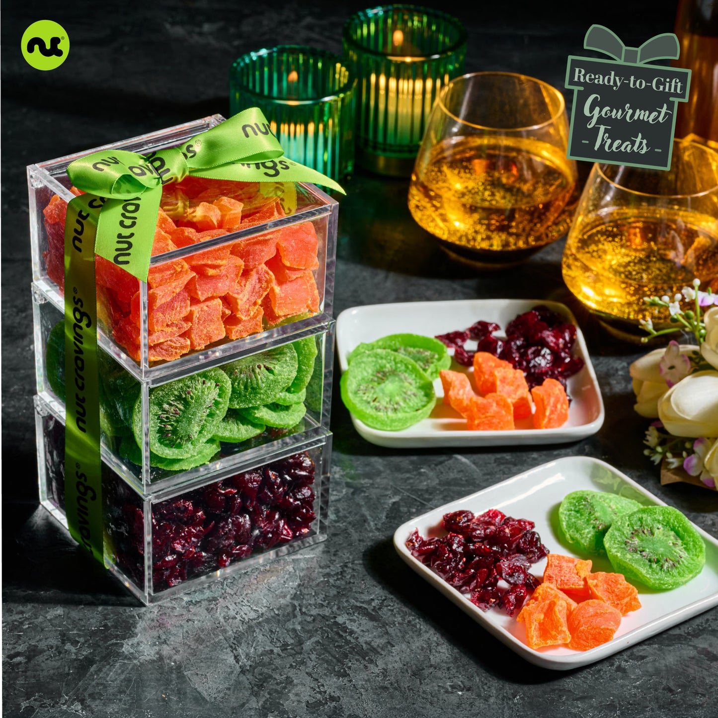 Dried Fruits Acrylic Tower Gift Basket with Ribbon (3 Tier Assortment) Healthy Snack Care Package, Kosher