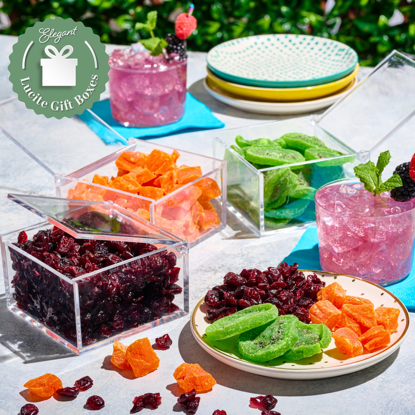 Dried Fruits Acrylic Tower Gift Basket with Ribbon (3 Tier Assortment) Healthy Snack Care Package, Kosher
