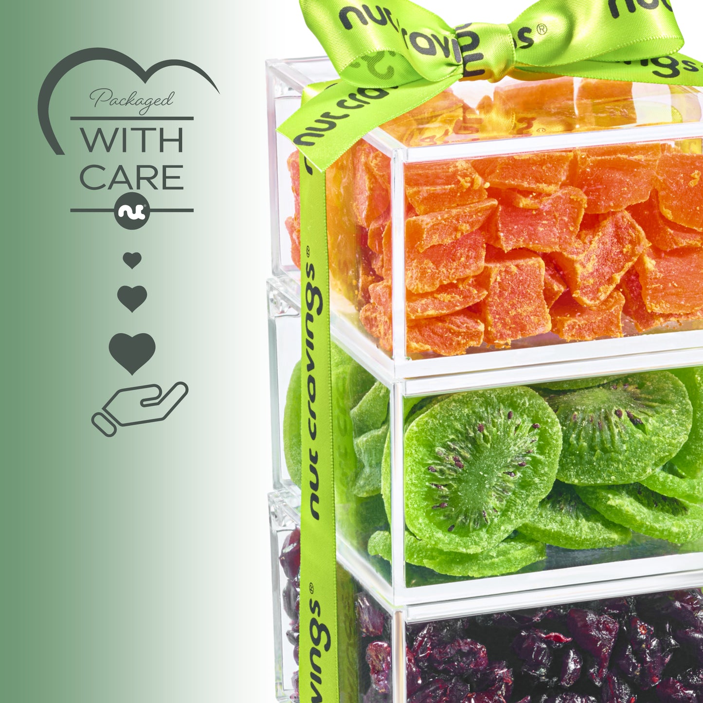 Dried Fruits Acrylic Tower Gift Basket with Ribbon (3 Tier Assortment) Healthy Snack Care Package, Kosher