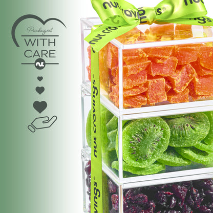 Dried Fruits Acrylic Tower Gift Basket with Ribbon (3 Tier Assortment) Healthy Snack Care Package, Kosher