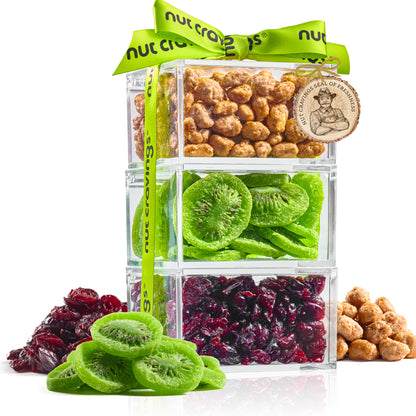 Dried Fruits & Mixed Nuts Acrylic Tower Gift Basket with Ribbon (3 Tier Assortment) Healthy Snack Care Package, Kosher