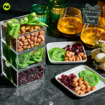 Dried Fruits & Mixed Nuts Acrylic Tower Gift Basket with Ribbon (3 Tier Assortment) Healthy Snack Care Package, Kosher