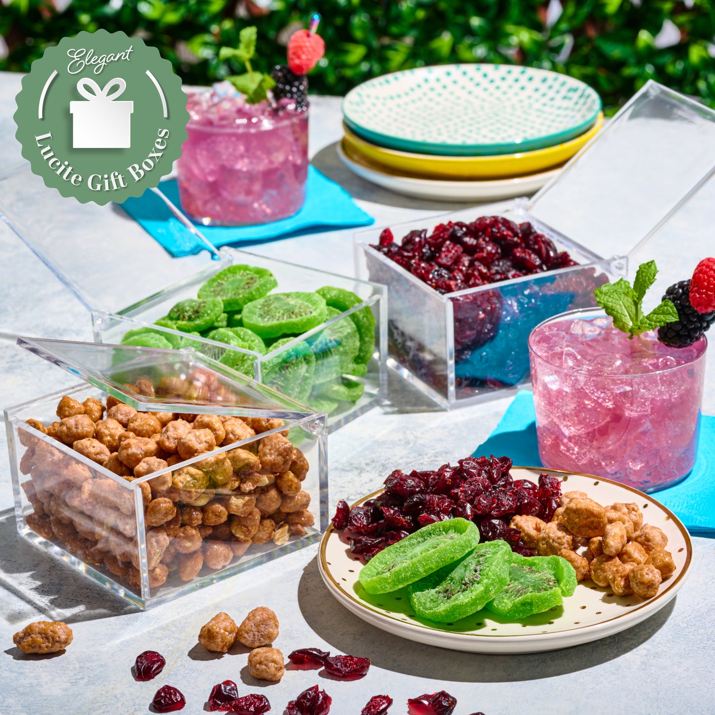 Dried Fruits & Mixed Nuts Acrylic Tower Gift Basket with Ribbon (3 Tier Assortment) Healthy Snack Care Package, Kosher