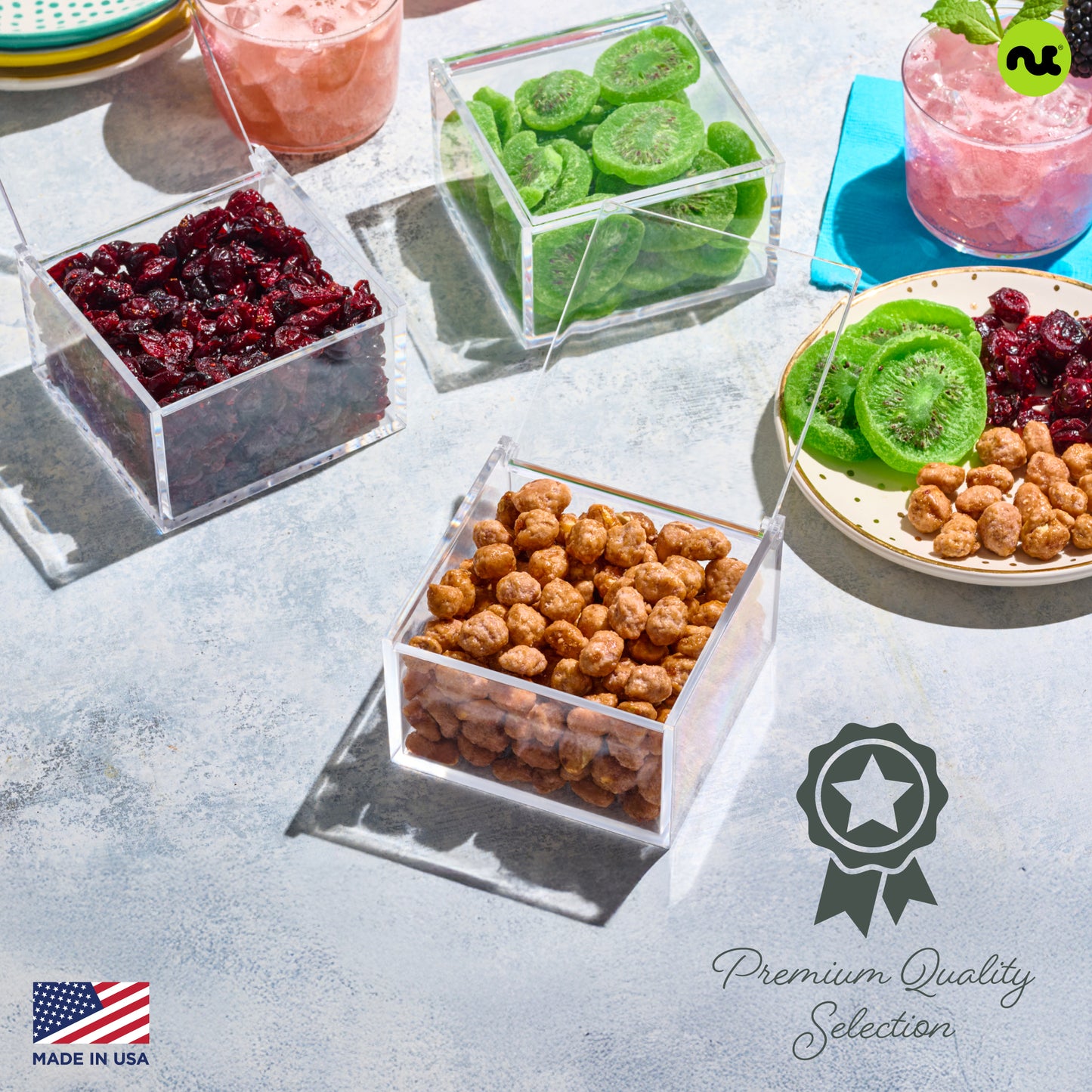 Dried Fruits & Mixed Nuts Acrylic Tower Gift Basket with Ribbon (3 Tier Assortment) Healthy Snack Care Package, Kosher