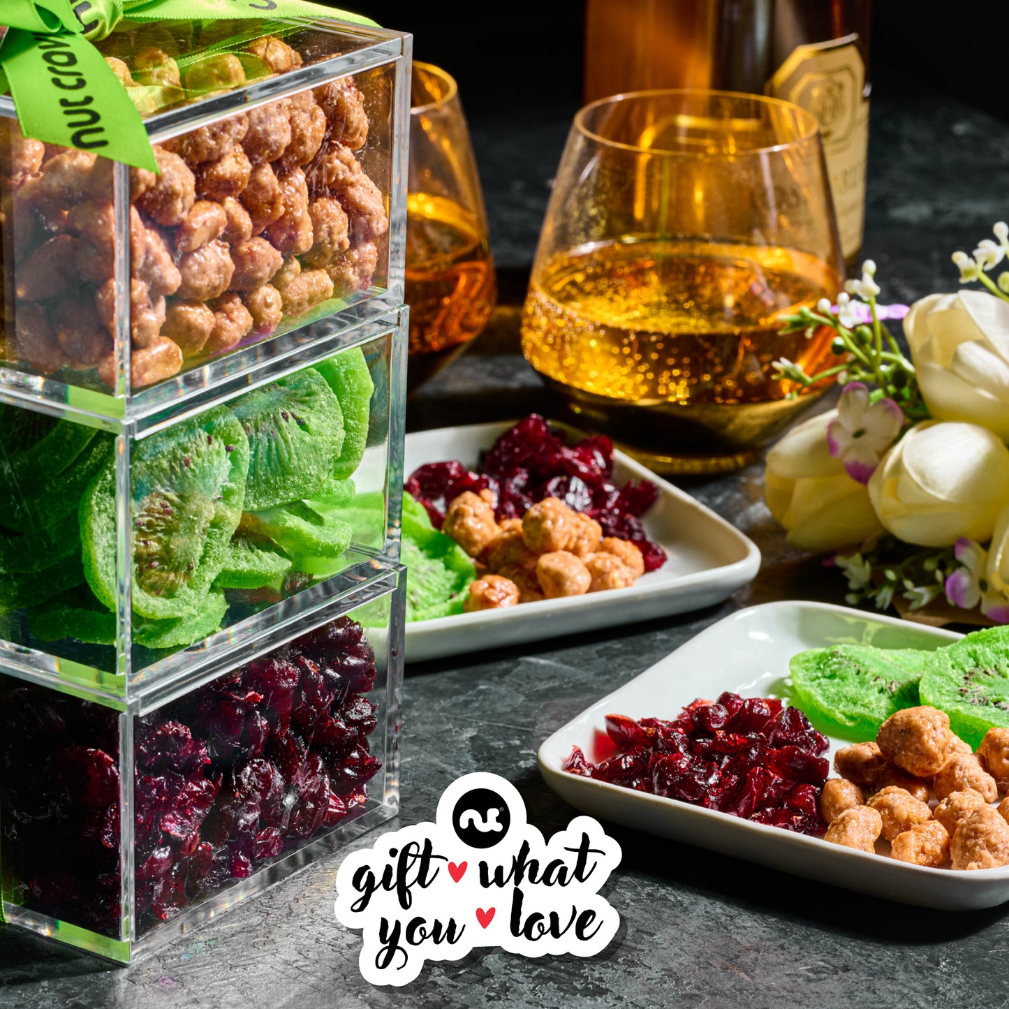 Dried Fruits & Mixed Nuts Acrylic Tower Gift Basket with Ribbon (3 Tier Assortment) Healthy Snack Care Package, Kosher