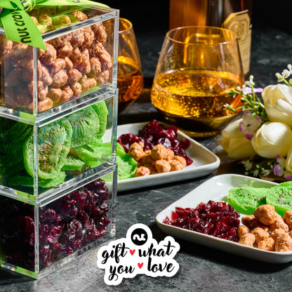 Dried Fruits & Mixed Nuts Acrylic Tower Gift Basket with Ribbon (3 Tier Assortment) Healthy Snack Care Package, Kosher