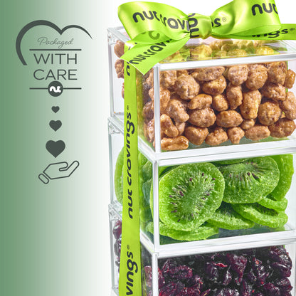 Dried Fruits & Mixed Nuts Acrylic Tower Gift Basket with Ribbon (3 Tier Assortment) Healthy Snack Care Package, Kosher