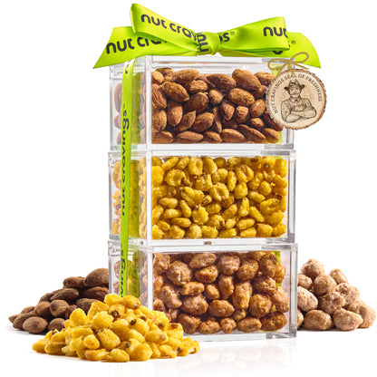 Mixed Nuts Acrylic Tower Gift Basket with Ribbon (3 Tier Assortment) Food Arrangement, Kosher