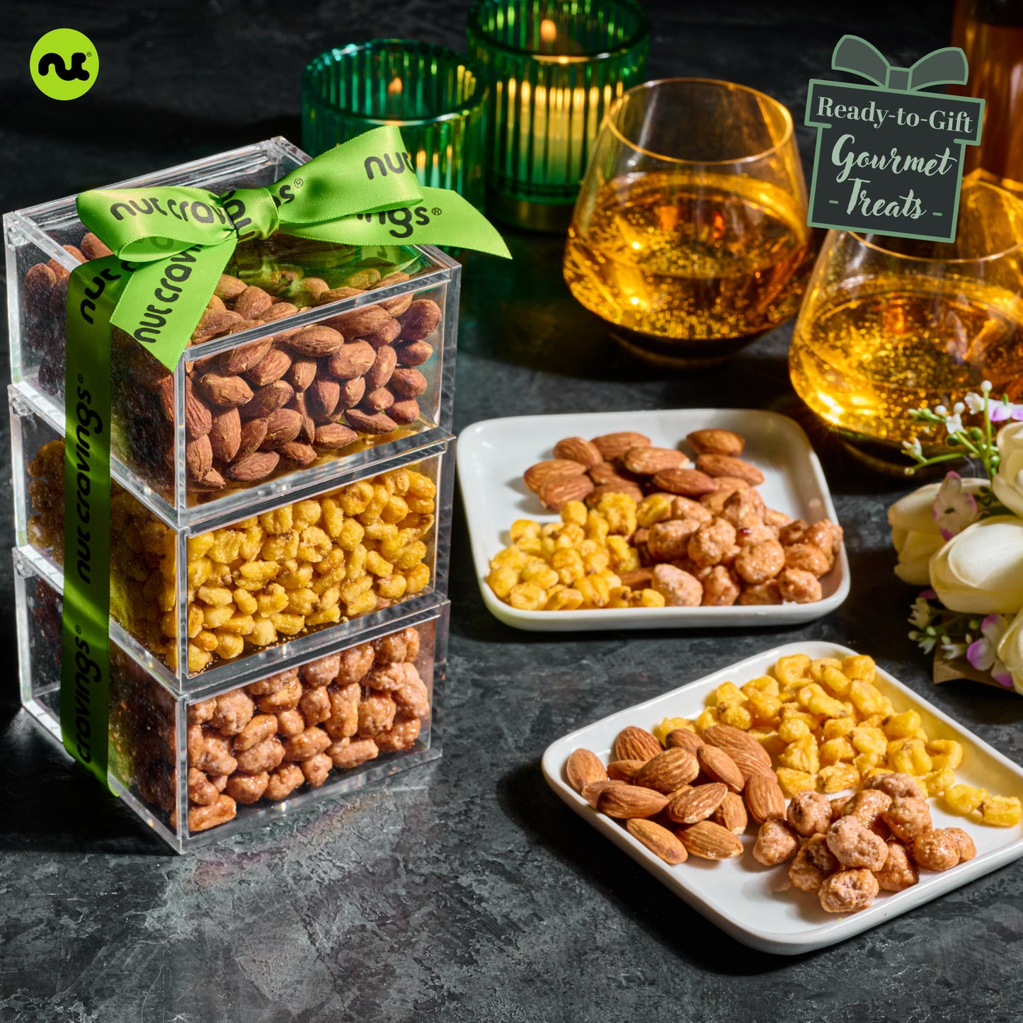 Mixed Nuts Acrylic Tower Gift Basket with Ribbon (3 Tier Assortment) Food Arrangement, Kosher