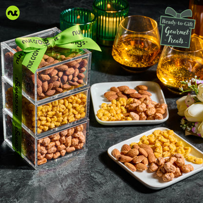 Mixed Nuts Acrylic Tower Gift Basket with Ribbon (3 Tier Assortment) Food Arrangement, Kosher